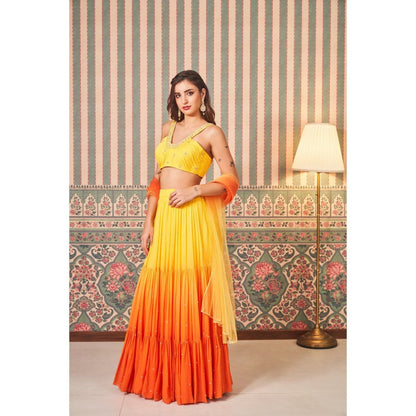 SAMMOHI BY MOKSHA & HIRAL Yellow Gathered Lehenga with Blouse and Dupatta (Set of 3)