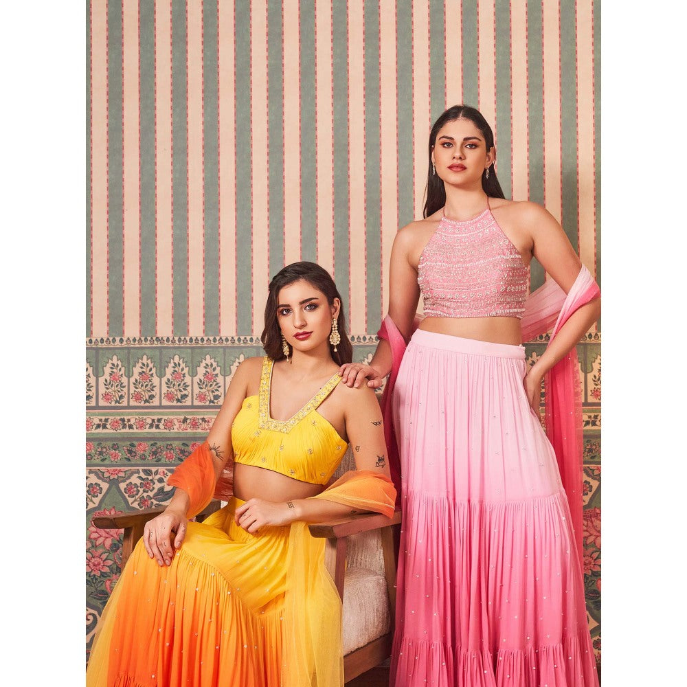 SAMMOHI BY MOKSHA & HIRAL Pink Shaded Lehenga with Halter Neck Blouse and Dupatta (Set of 3)