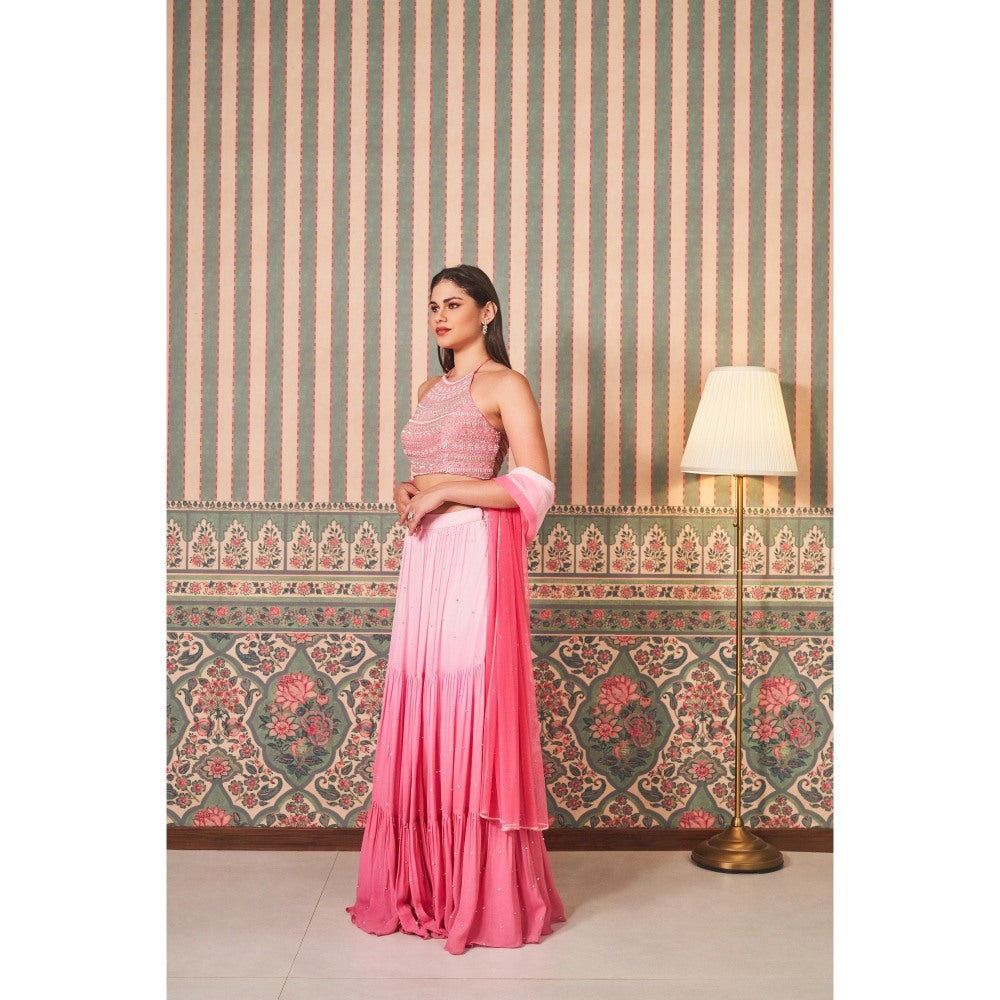 SAMMOHI BY MOKSHA & HIRAL Pink Shaded Lehenga with Halter Neck Blouse and Dupatta (Set of 3)
