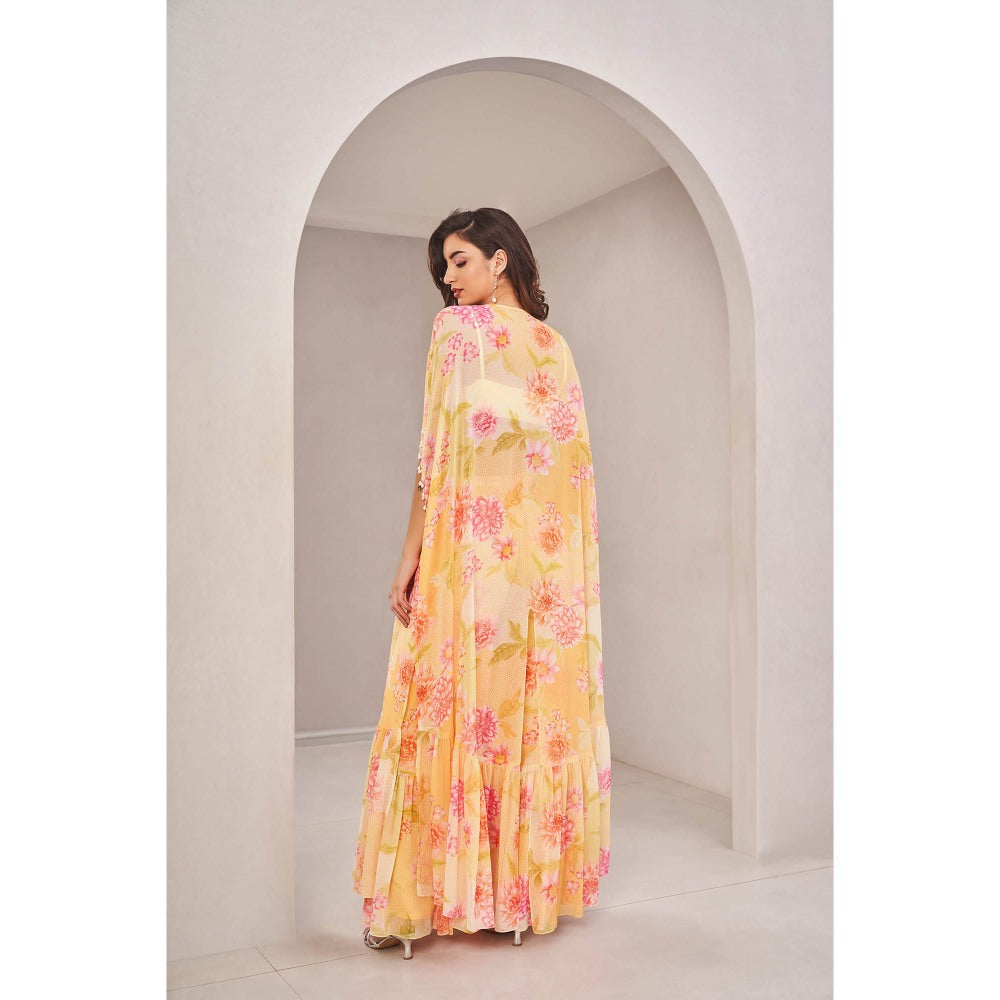 SAMMOHI BY MOKSHA & HIRAL Sunshine Yellow Cape with Blouse and Pant (Set of 3)