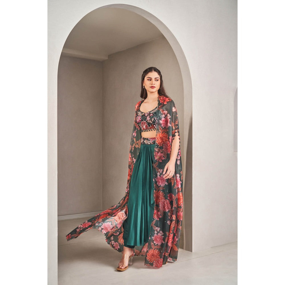 SAMMOHI BY MOKSHA & HIRAL Emerald Green Floral Cape with Blouse and Skirt (Set of 3)