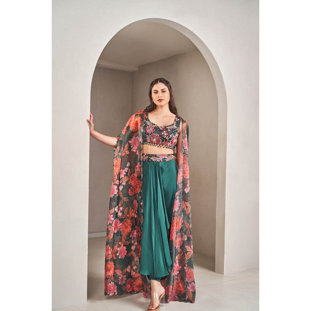 SAMMOHI BY MOKSHA & HIRAL Emerald Green Floral Cape with Blouse and Skirt (Set of 3)