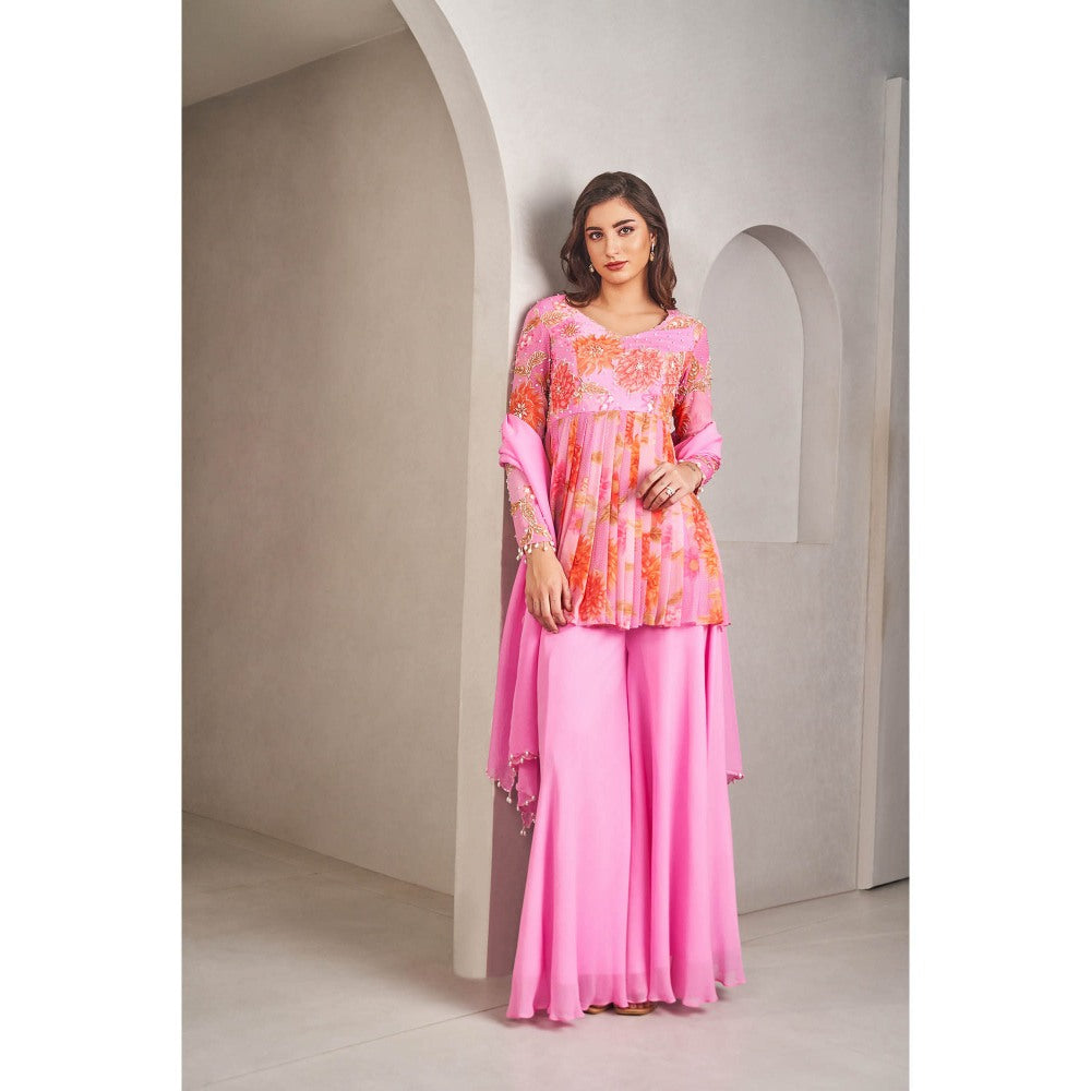 SAMMOHI BY MOKSHA & HIRAL Pink Floral Peplum Top with Palazzo and Dupatta (Set of 3)