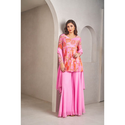 SAMMOHI BY MOKSHA & HIRAL Pink Floral Peplum Top with Palazzo and Dupatta (Set of 3)