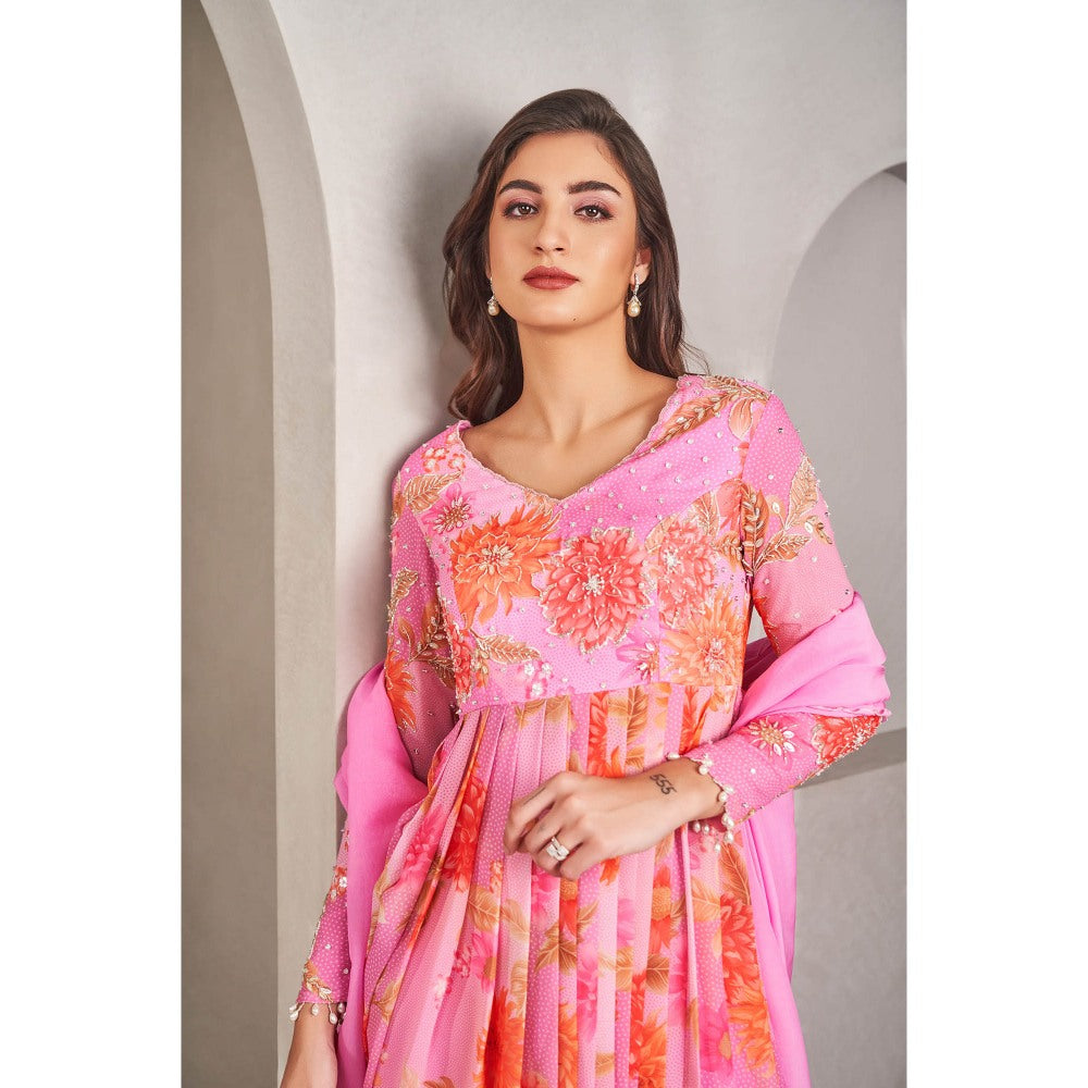 SAMMOHI BY MOKSHA & HIRAL Pink Floral Peplum Top with Palazzo and Dupatta (Set of 3)