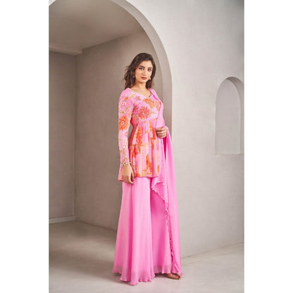 SAMMOHI BY MOKSHA & HIRAL Pink Floral Peplum Top with Palazzo and Dupatta (Set of 3)