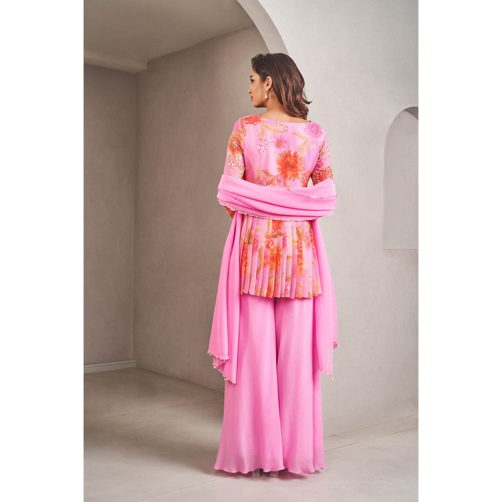 SAMMOHI BY MOKSHA & HIRAL Pink Floral Peplum Top with Palazzo and Dupatta (Set of 3)