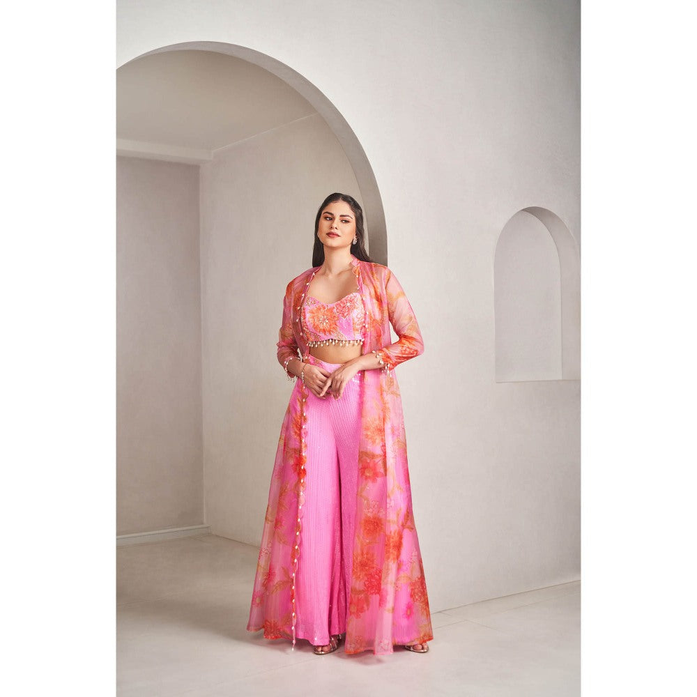 SAMMOHI BY MOKSHA & HIRAL Pink Jacket with Blouse and Palazzo (Set of 3)
