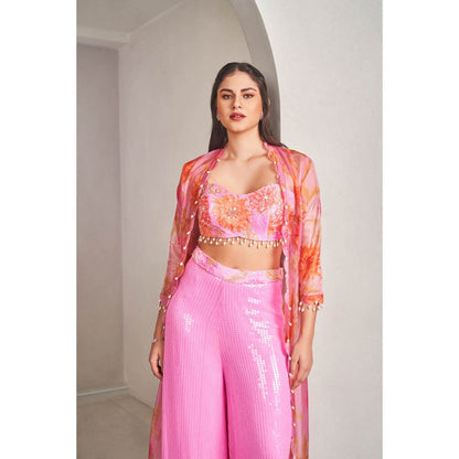 SAMMOHI BY MOKSHA & HIRAL Pink Jacket with Blouse and Palazzo (Set of 3)