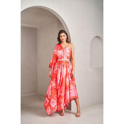 SAMMOHI BY MOKSHA & HIRAL Coral Floral Printed Draped Dress with Belt (Set of 2)