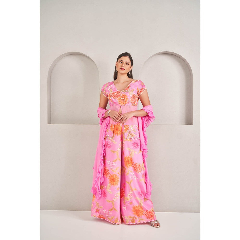 SAMMOHI BY MOKSHA & HIRAL Pink Palazzo with Top and Ruffled Dupatta (Set of 3)