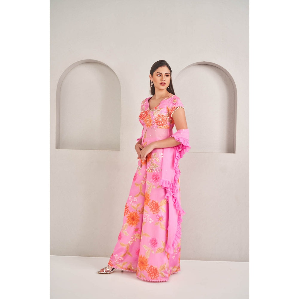 SAMMOHI BY MOKSHA & HIRAL Pink Palazzo with Top and Ruffled Dupatta (Set of 3)