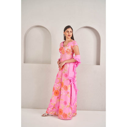 SAMMOHI BY MOKSHA & HIRAL Pink Palazzo with Top and Ruffled Dupatta (Set of 3)