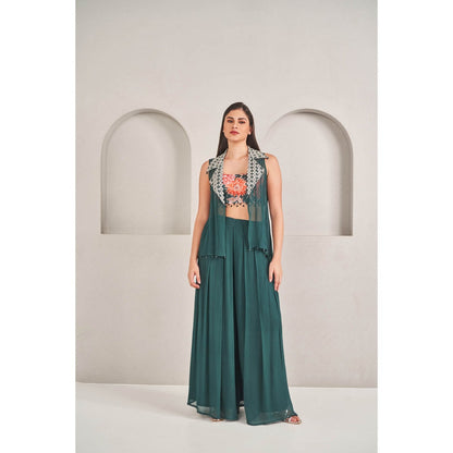 SAMMOHI BY MOKSHA & HIRAL Emerald Green Crop Jacket with Blouse and Palazzo (Set of 3)