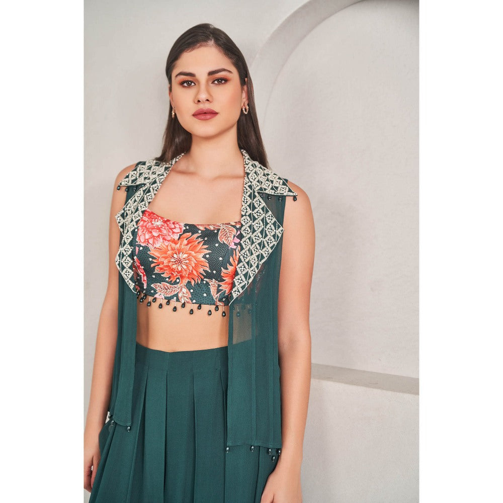 SAMMOHI BY MOKSHA & HIRAL Emerald Green Crop Jacket with Blouse and Palazzo (Set of 3)