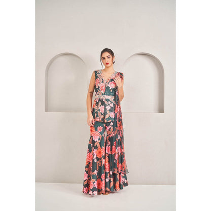SAMMOHI BY MOKSHA & HIRAL Green Printed Sharara with Drape Attached Kurta and Belt (Set of 3)