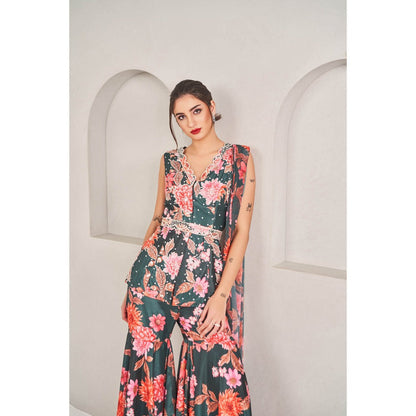 SAMMOHI BY MOKSHA & HIRAL Green Printed Sharara with Drape Attached Kurta and Belt (Set of 3)