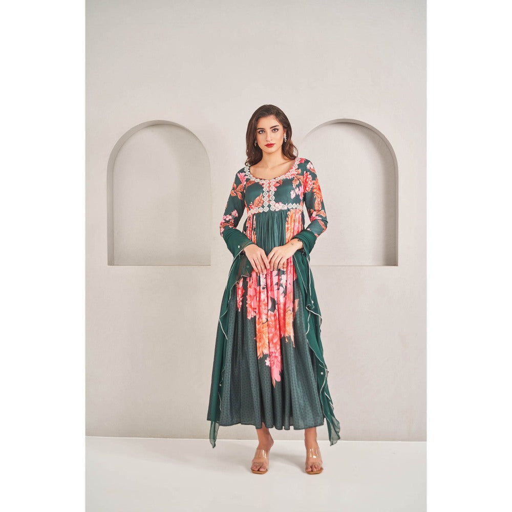 SAMMOHI BY MOKSHA & HIRAL Emerald Green Floral Printed Anarkali Dress with Dupatta (Set of 2)
