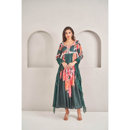 SAMMOHI BY MOKSHA & HIRAL Emerald Green Floral Printed Anarkali Dress with Dupatta (Set of 2)