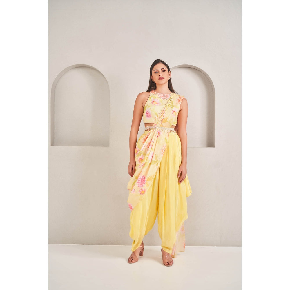 SAMMOHI BY MOKSHA & HIRAL Sunshine Yellow Draped Dhoti with Blouse and Belt (Set of 3)