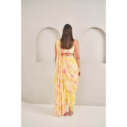 SAMMOHI BY MOKSHA & HIRAL Sunshine Yellow Draped Dhoti with Blouse and Belt (Set of 3)