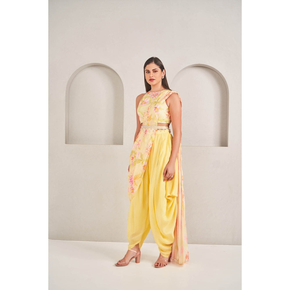 SAMMOHI BY MOKSHA & HIRAL Sunshine Yellow Draped Dhoti with Blouse and Belt (Set of 3)