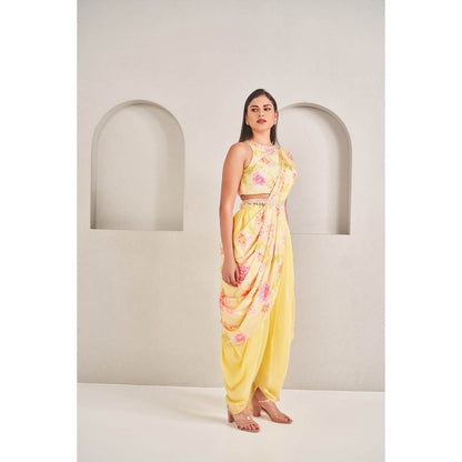 SAMMOHI BY MOKSHA & HIRAL Sunshine Yellow Draped Dhoti with Blouse and Belt (Set of 3)