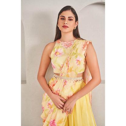 SAMMOHI BY MOKSHA & HIRAL Sunshine Yellow Draped Dhoti with Blouse and Belt (Set of 3)