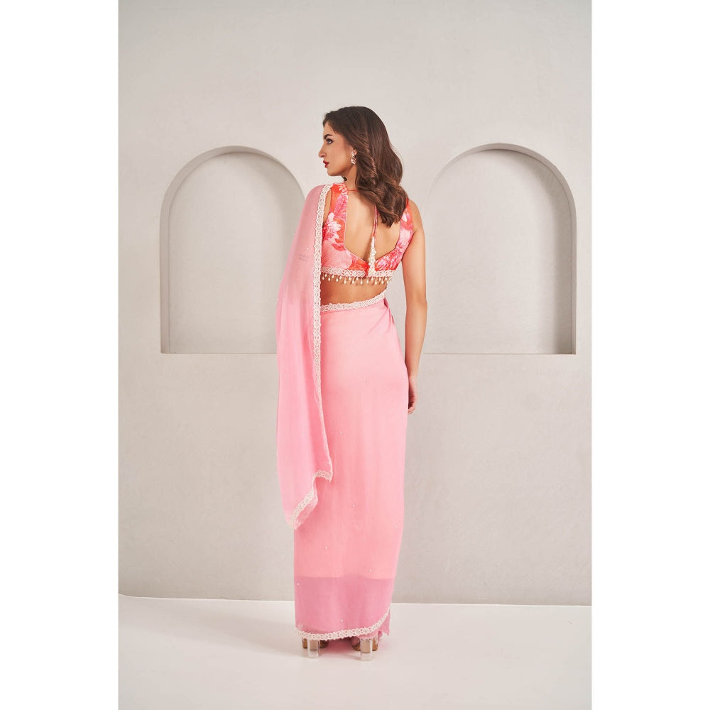 SAMMOHI BY MOKSHA & HIRAL Rose Pink Organza Saree with Stitched Blouse