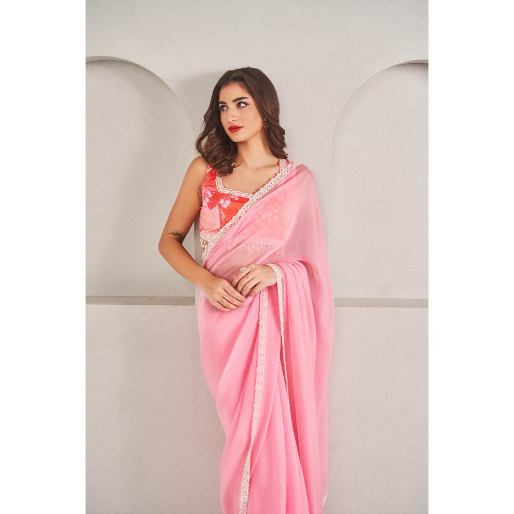 SAMMOHI BY MOKSHA & HIRAL Rose Pink Organza Saree with Stitched Blouse