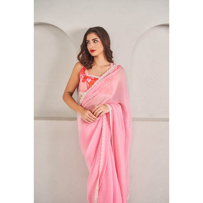 SAMMOHI BY MOKSHA & HIRAL Rose Pink Organza Saree with Stitched Blouse
