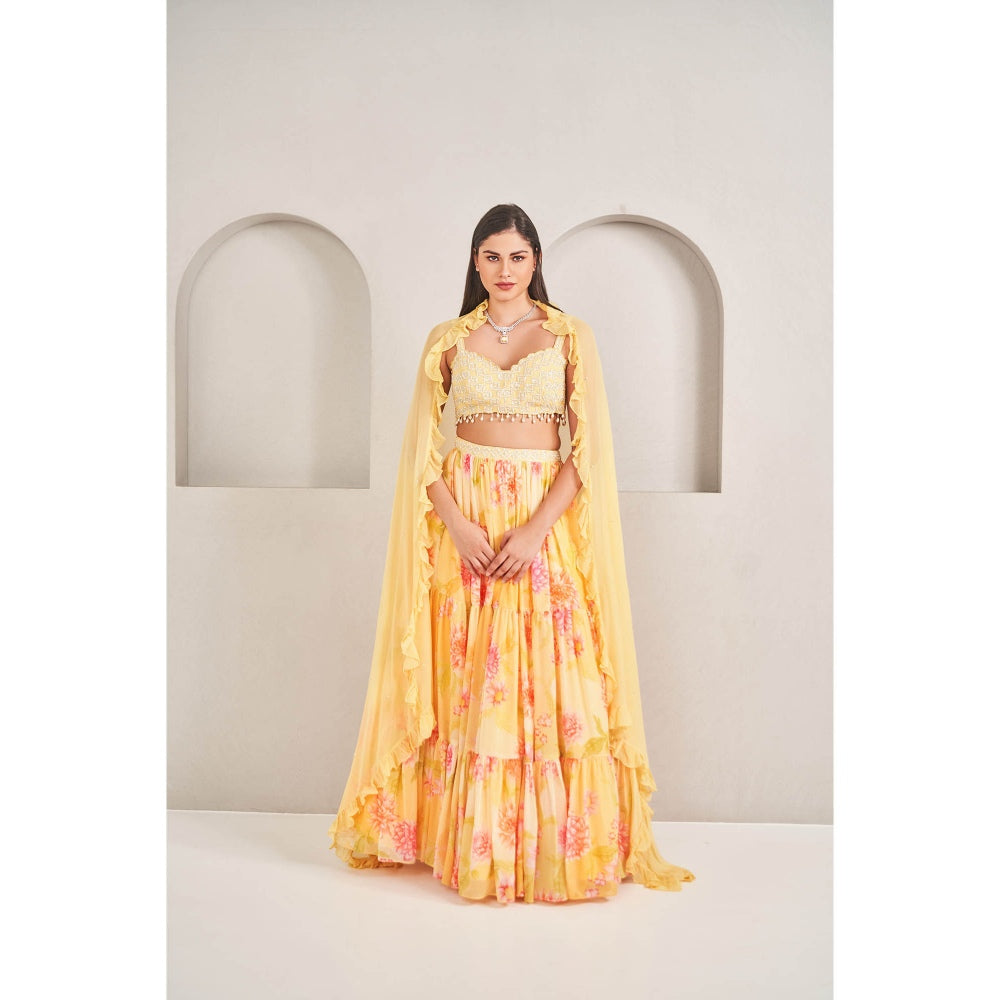 SAMMOHI BY MOKSHA & HIRAL Sunshine Yellow Tiered Skirt with Blouse and Dupatta (Set of 3)