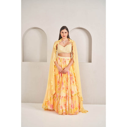 SAMMOHI BY MOKSHA & HIRAL Sunshine Yellow Tiered Skirt with Blouse and Dupatta (Set of 3)