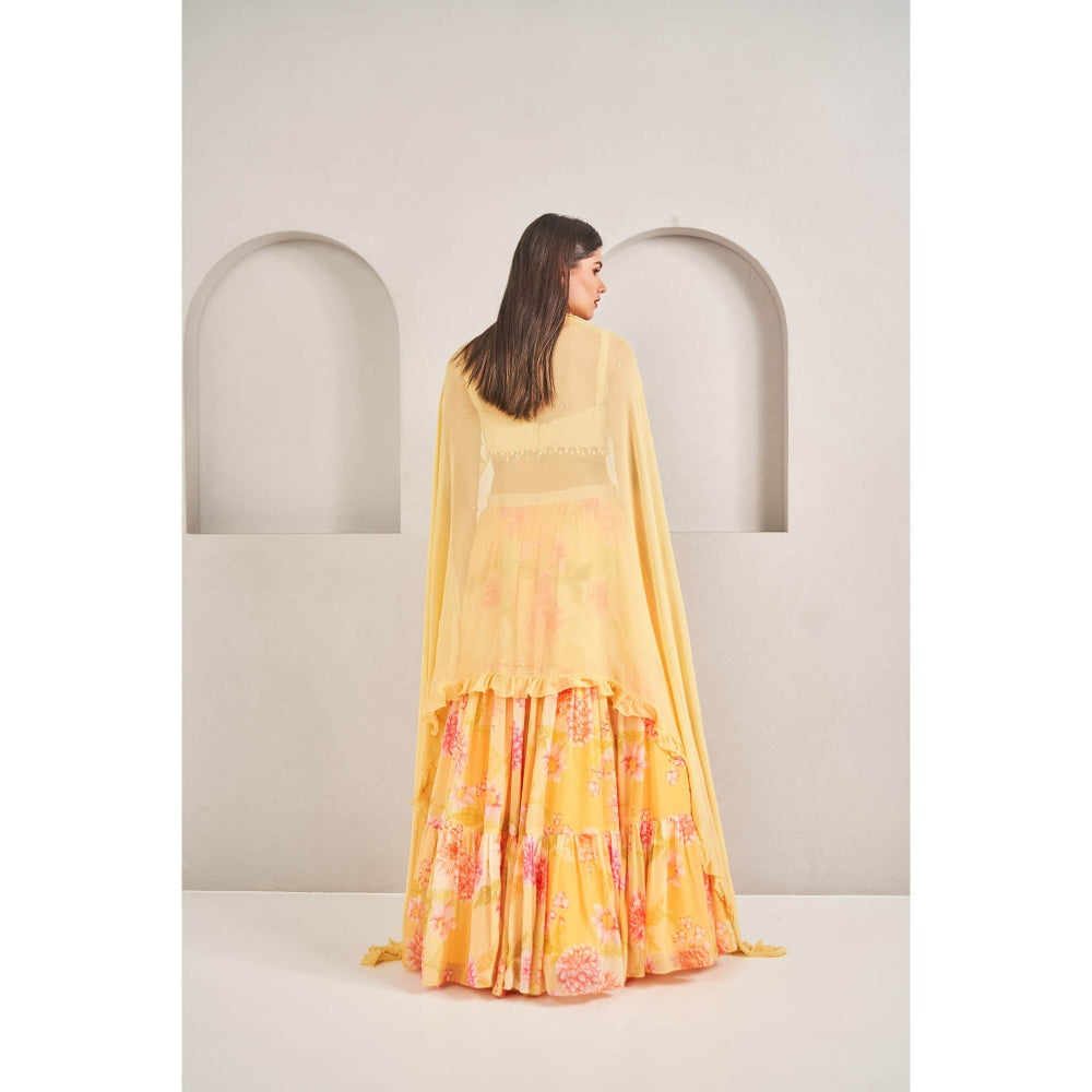 SAMMOHI BY MOKSHA & HIRAL Sunshine Yellow Tiered Skirt with Blouse and Dupatta (Set of 3)