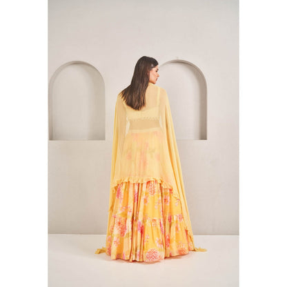 SAMMOHI BY MOKSHA & HIRAL Sunshine Yellow Tiered Skirt with Blouse and Dupatta (Set of 3)