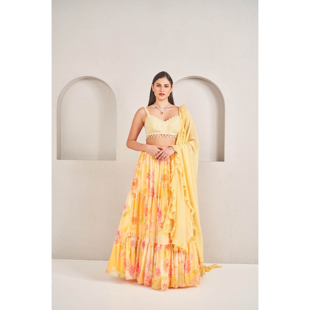 SAMMOHI BY MOKSHA & HIRAL Sunshine Yellow Tiered Skirt with Blouse and Dupatta (Set of 3)