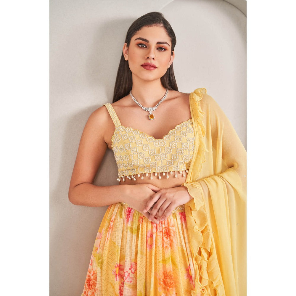 SAMMOHI BY MOKSHA & HIRAL Sunshine Yellow Tiered Skirt with Blouse and Dupatta (Set of 3)