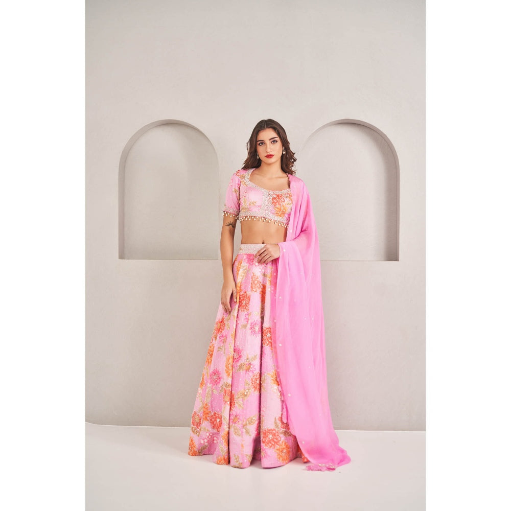 SAMMOHI BY MOKSHA & HIRAL Pink Floral Printed Lehenga with Blouse and Dupatta (Set of 3)