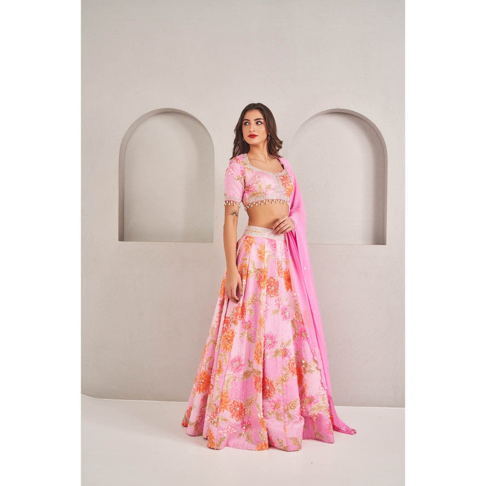 SAMMOHI BY MOKSHA & HIRAL Pink Floral Printed Lehenga with Blouse and Dupatta (Set of 3)