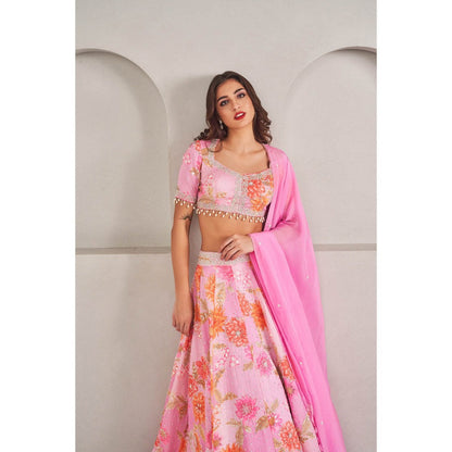 SAMMOHI BY MOKSHA & HIRAL Pink Floral Printed Lehenga with Blouse and Dupatta (Set of 3)