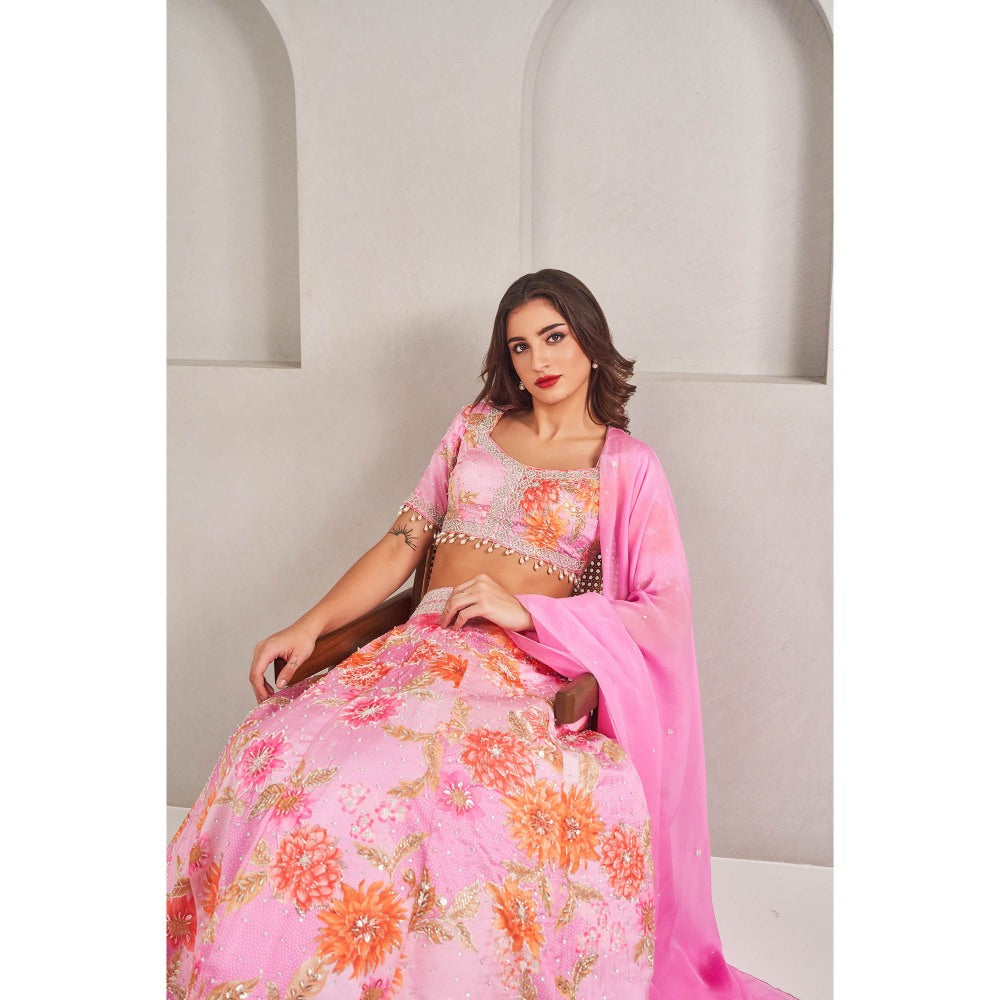 SAMMOHI BY MOKSHA & HIRAL Pink Floral Printed Lehenga with Blouse and Dupatta (Set of 3)