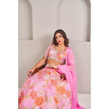 SAMMOHI BY MOKSHA & HIRAL Pink Floral Printed Lehenga with Blouse and Dupatta (Set of 3)