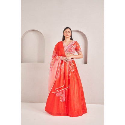 SAMMOHI BY MOKSHA & HIRAL Coral Organza Lehenga with Blouse and Dupatta (Set of 3)