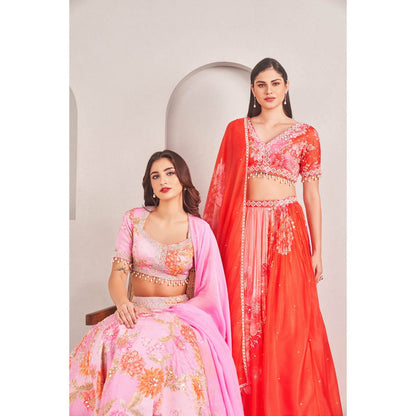 SAMMOHI BY MOKSHA & HIRAL Coral Organza Lehenga with Blouse and Dupatta (Set of 3)