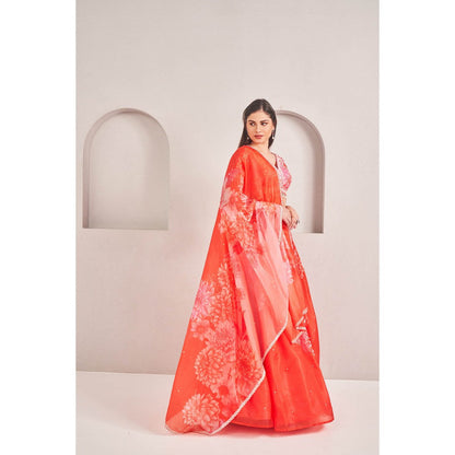 SAMMOHI BY MOKSHA & HIRAL Coral Organza Lehenga with Blouse and Dupatta (Set of 3)