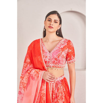 SAMMOHI BY MOKSHA & HIRAL Coral Organza Lehenga with Blouse and Dupatta (Set of 3)