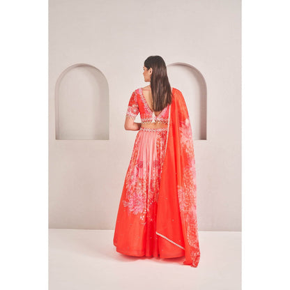 SAMMOHI BY MOKSHA & HIRAL Coral Organza Lehenga with Blouse and Dupatta (Set of 3)