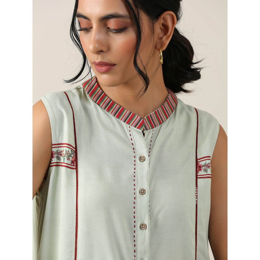 Samvrih Green Border Print Sleeveless Dress