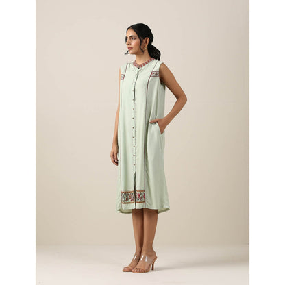 Samvrih Green Border Print Sleeveless Dress