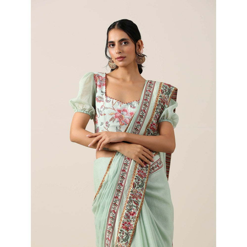 Samvrih Green Double Border Saree with Stitched Blouse